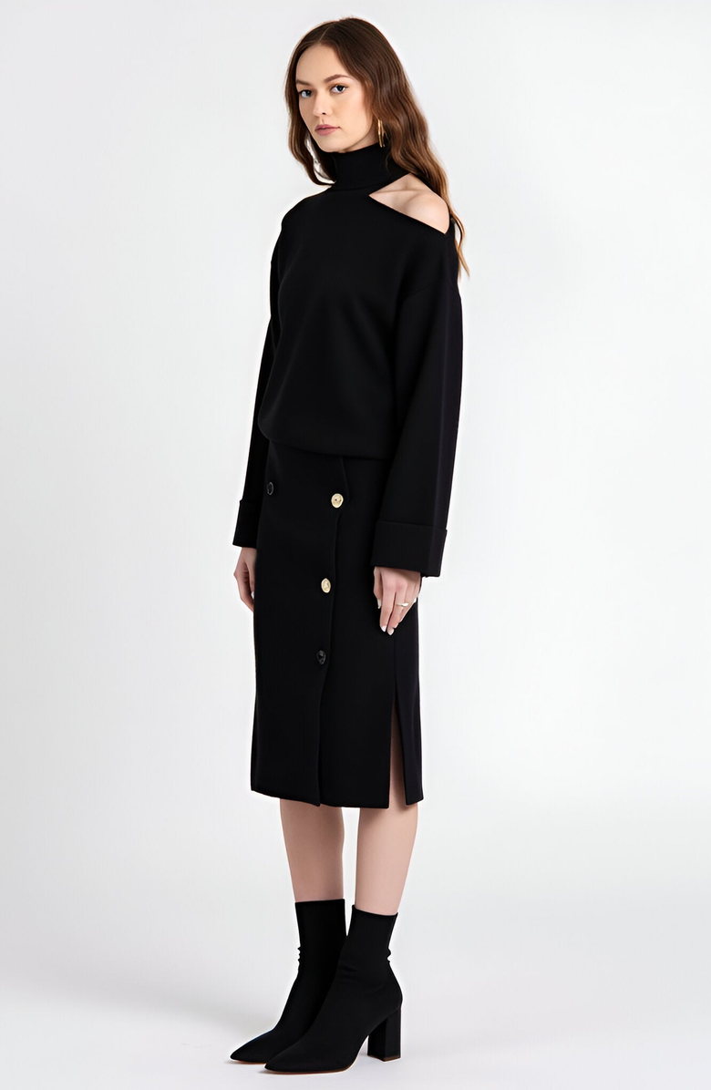 Modenaire Asymmetric Turtleneck Pullover and Button-Front Slit Skirt Set, Alternate, color, Black
