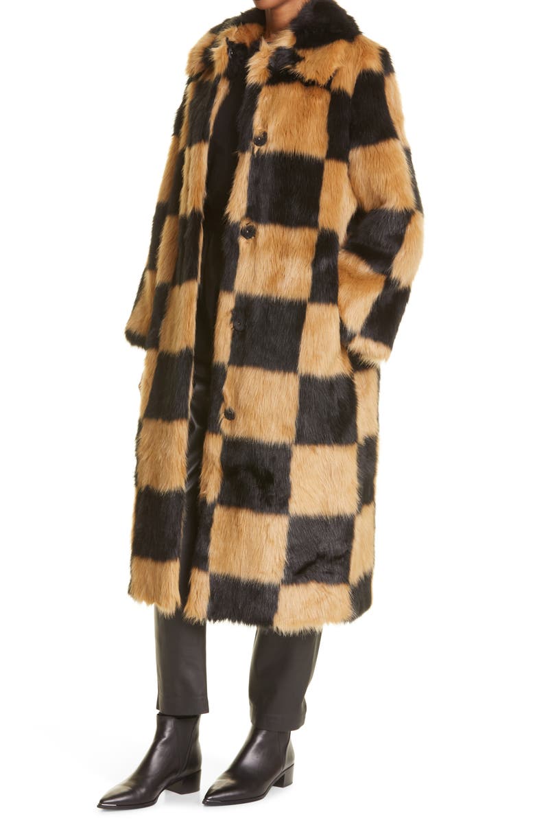Stand Studio Nino Long Checkerboard Faux Fur Coat, Alternate, color, 
