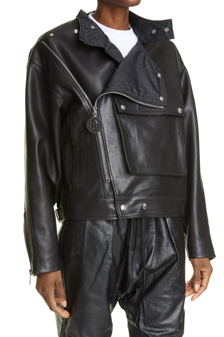 Unisex Logo Embossed Leather Biker Jacket, Alternate, color, BLACK