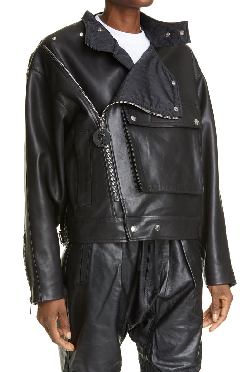 HFD Unisex Logo Embossed Leather Biker Jacket, Alternate, color, 