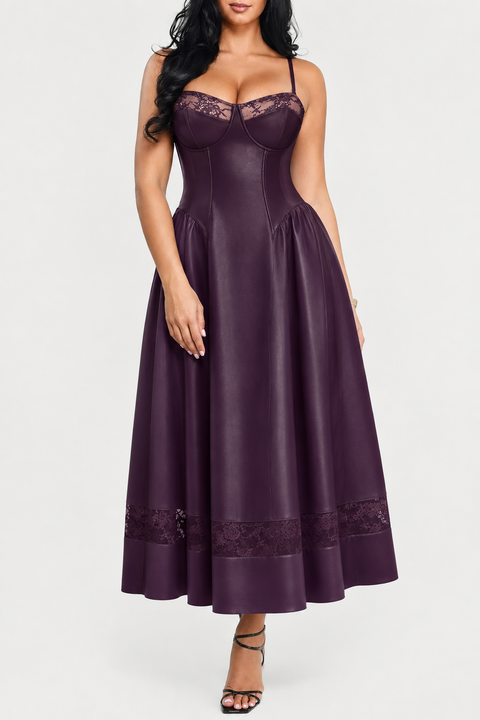 Shapewear Faux Leather Lace Panel Corset A-Line Midi Dress