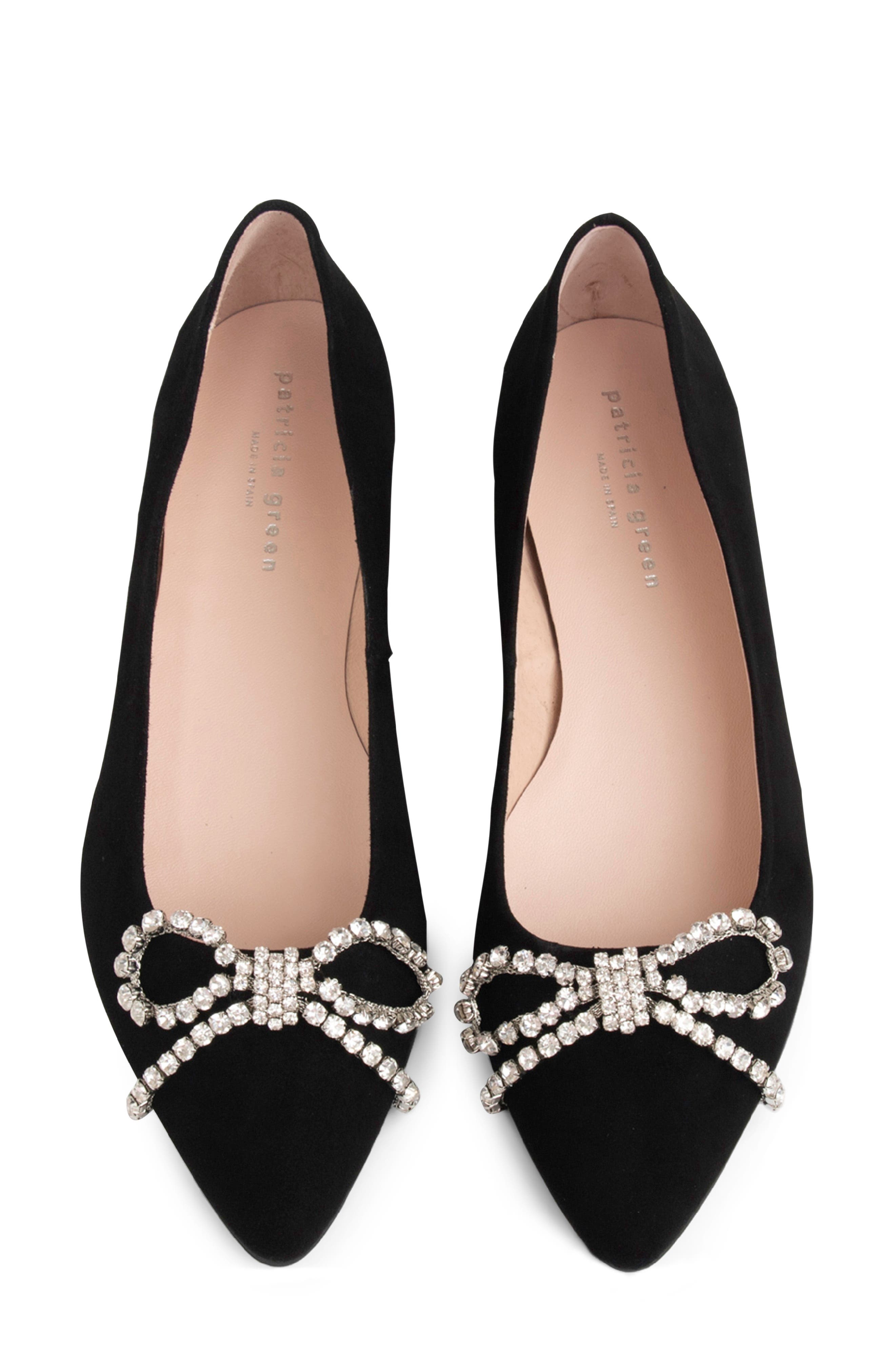 patricia green Bella Crystal Bow Pointed Toe Flat, Alternate, color, Black Suede