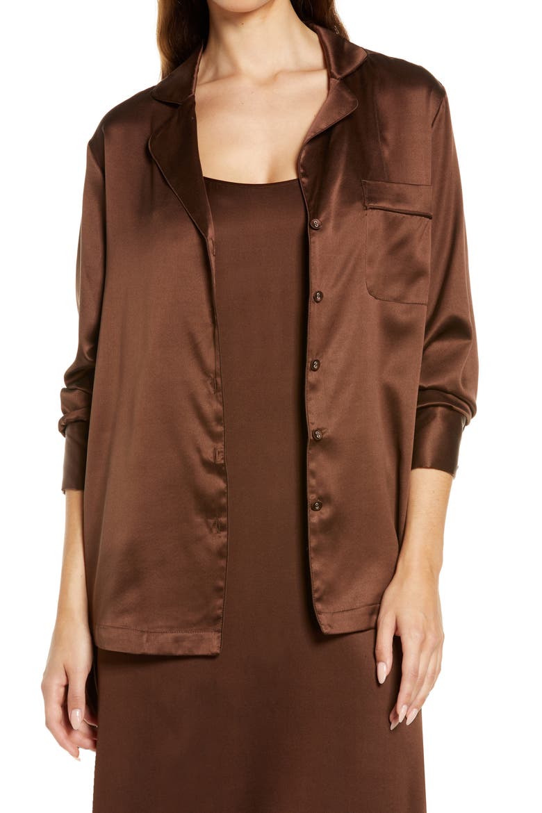 Sandwashed Stretch Silk Button-Up Shirt, Main, color, COCOA