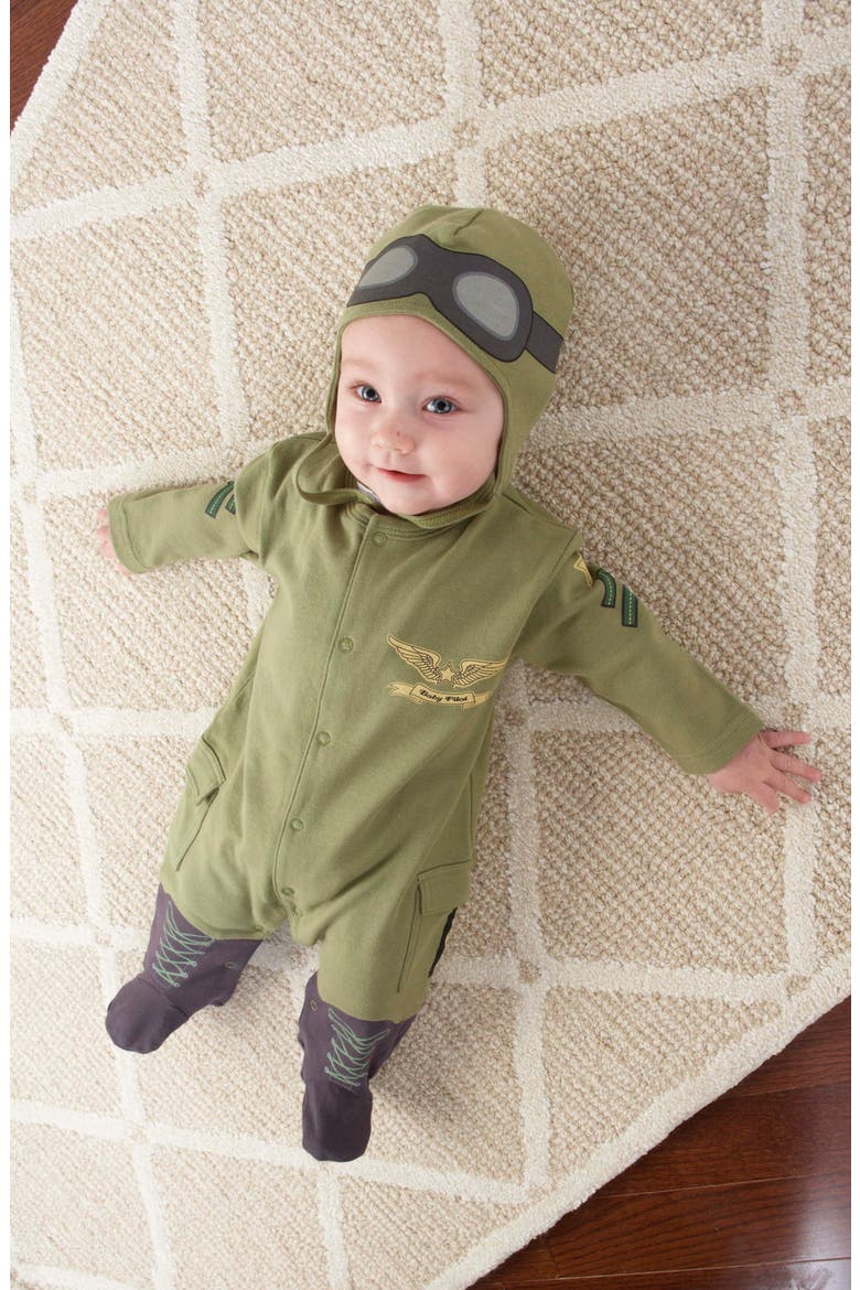 Big Dreamzzz Pilot 2-Piece Cotton Romper & Hat Gift Set, Alternate, color, GREEN