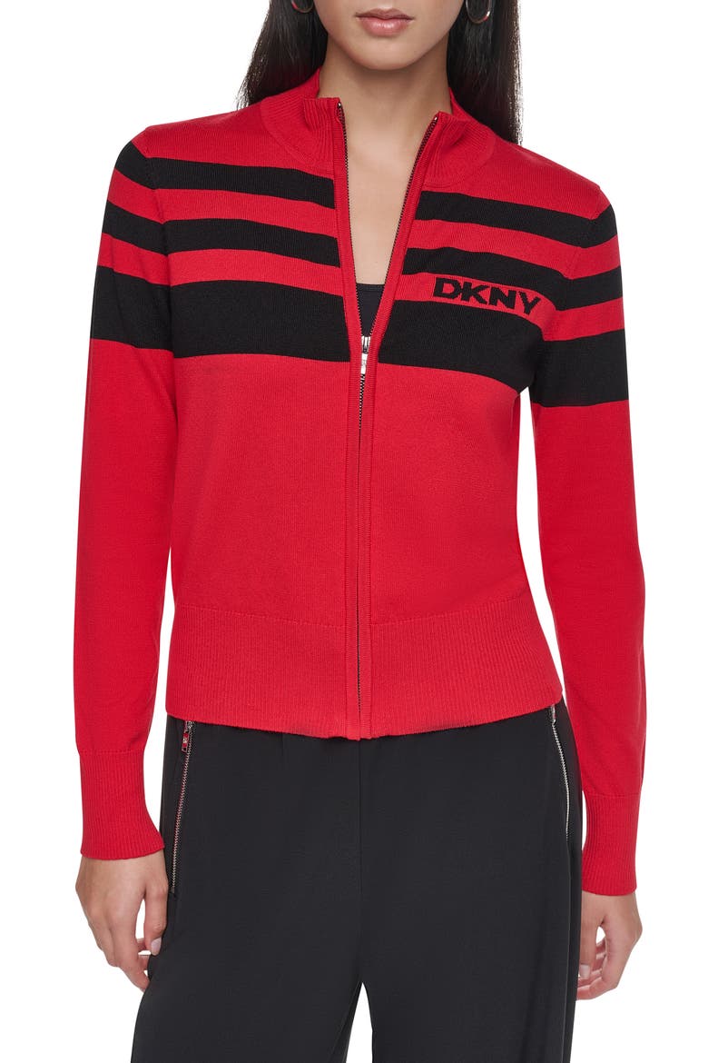 Placed Stripe Cotton Blend Zip Cardigan, Main, color, VIBRNT RED