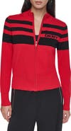 DKNY Placed Stripe Cotton Blend Zip Cardigan