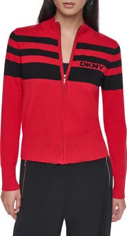 DKNY Placed Stripe Cotton Blend Zip Cardigan