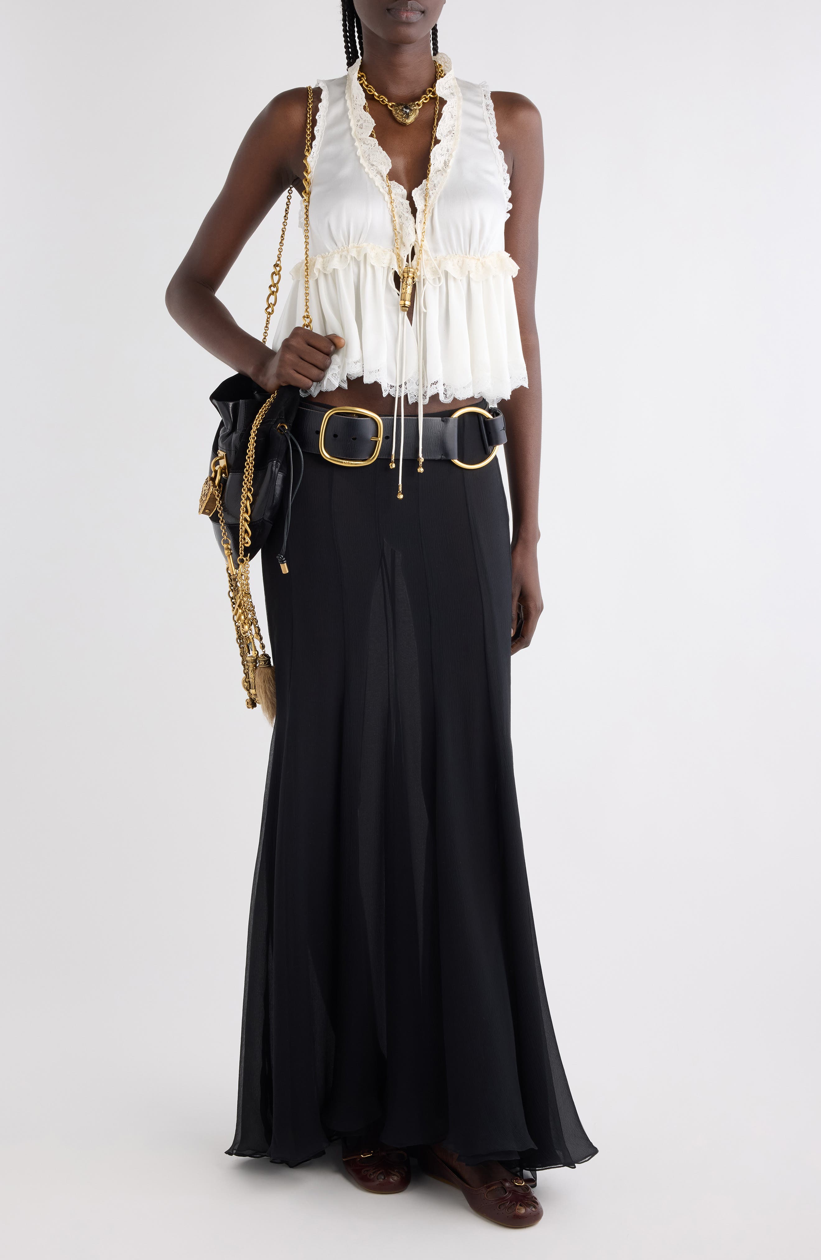 Lace Trim Tie Front Silk Top - image 2