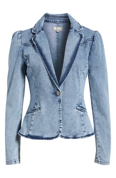 Puff Shoulder Denim Blazer