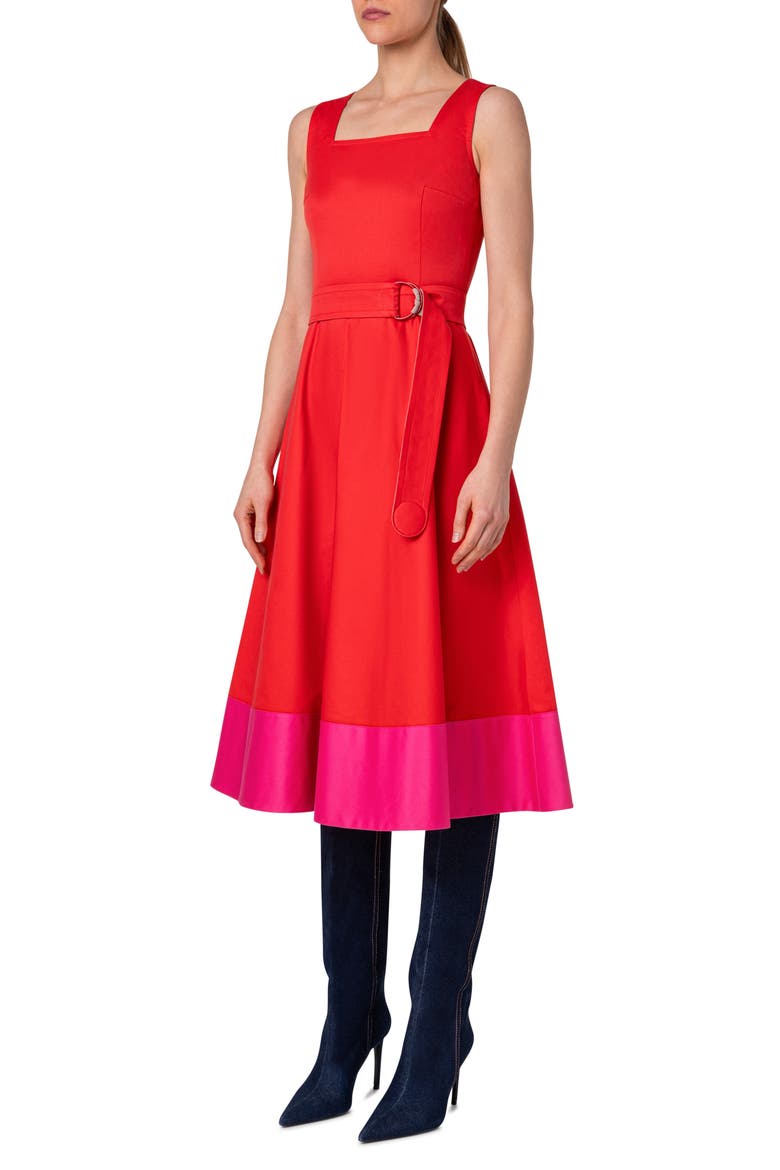 Color Border Belted Cotton Poplin Midi Dress, Alternate, color, RED-PINK