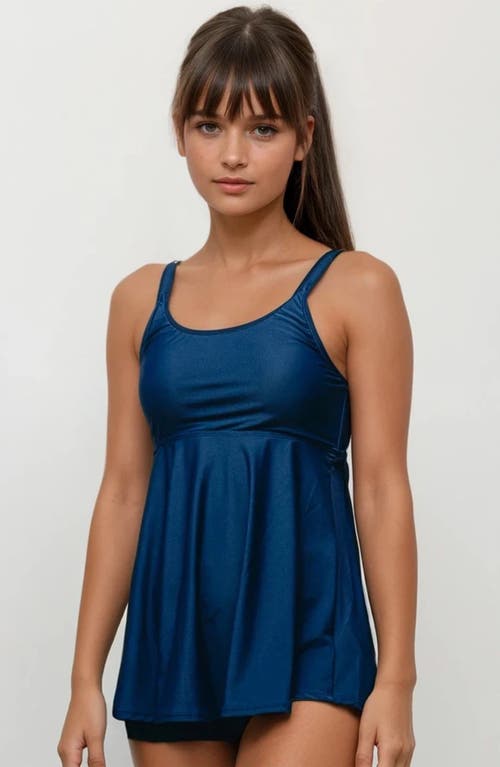 Calypsa Plus Size Amber Flared Tankini Swim Top With Adjustable Straps And Removable Cups In Blue