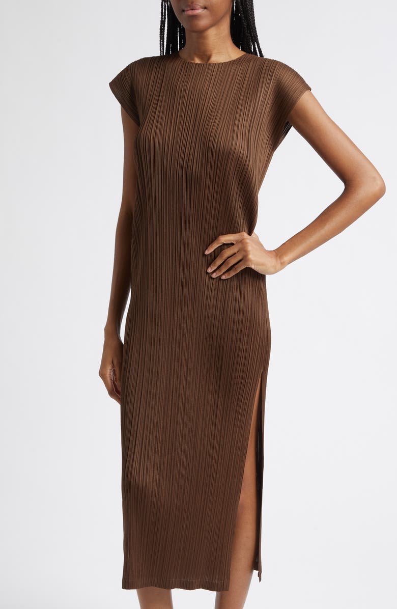 Pleats Please Issey Miyake Swing Solid Pleated Midi Dress, Alternate, color, Brown