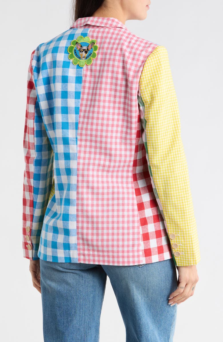 Desigual Patch Gingham Linen & Cotton Blazer, Alternate, color, Blue