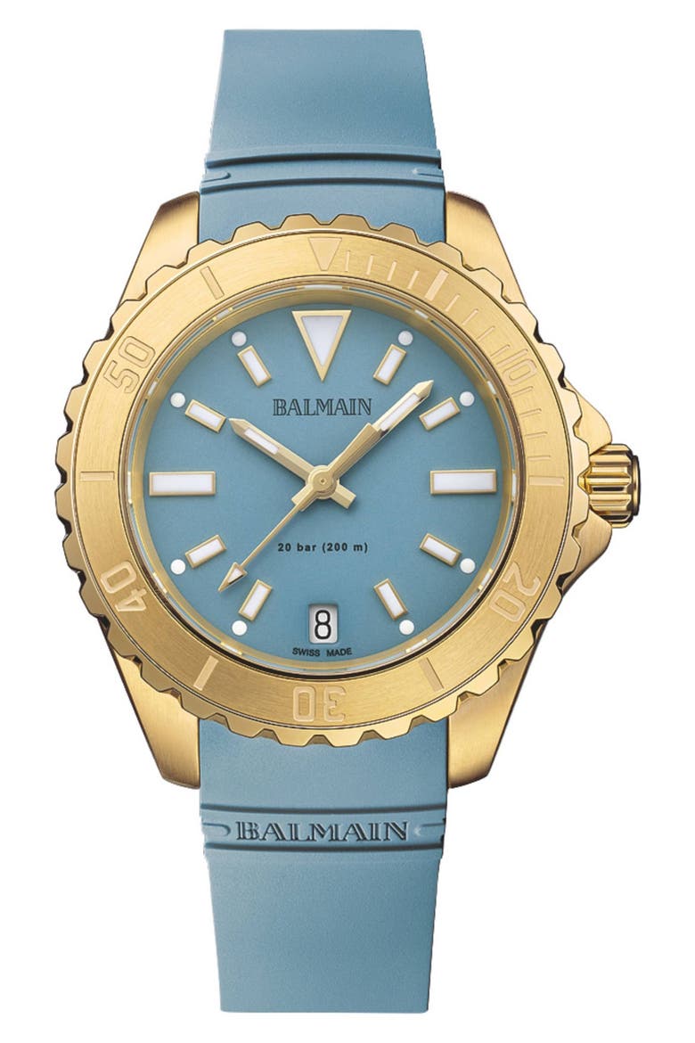Ophrys Rubber Strap Watch, 34.5mm, Main, color, BLUE RUBBER YELLOW GOLD PVD
