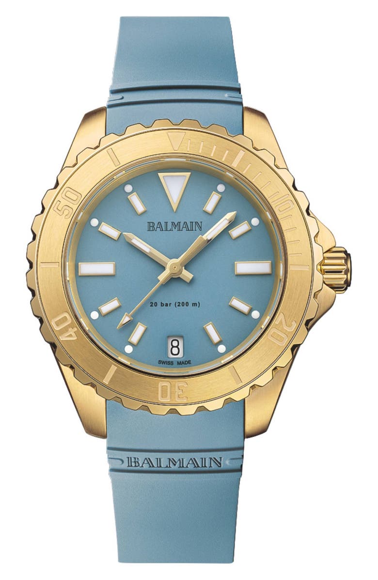 BALMAIN WATCHES Ophrys Rubber Strap Watch, 34.5mm, Main, color, Blue Rubber Yellow Gold Pvd