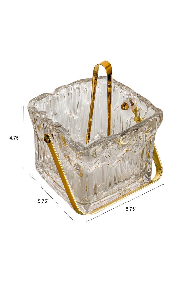 24-Ounce Textured Glass Ice Bucket with Gold Finish Handle and Tongs, Clear/Gold, Alternate, color, Gold
