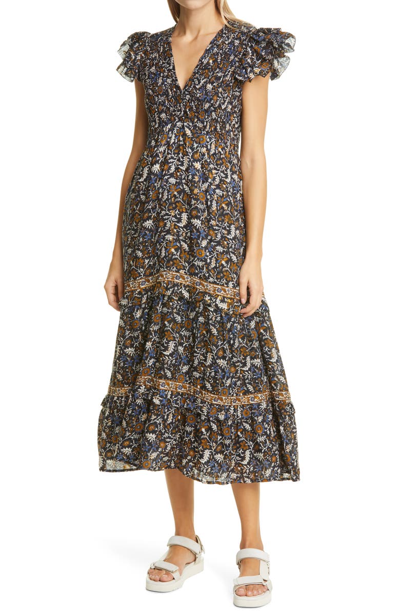 Sea Walker Metallic Flutter Sleeve Maxi Dress, Main, color, 