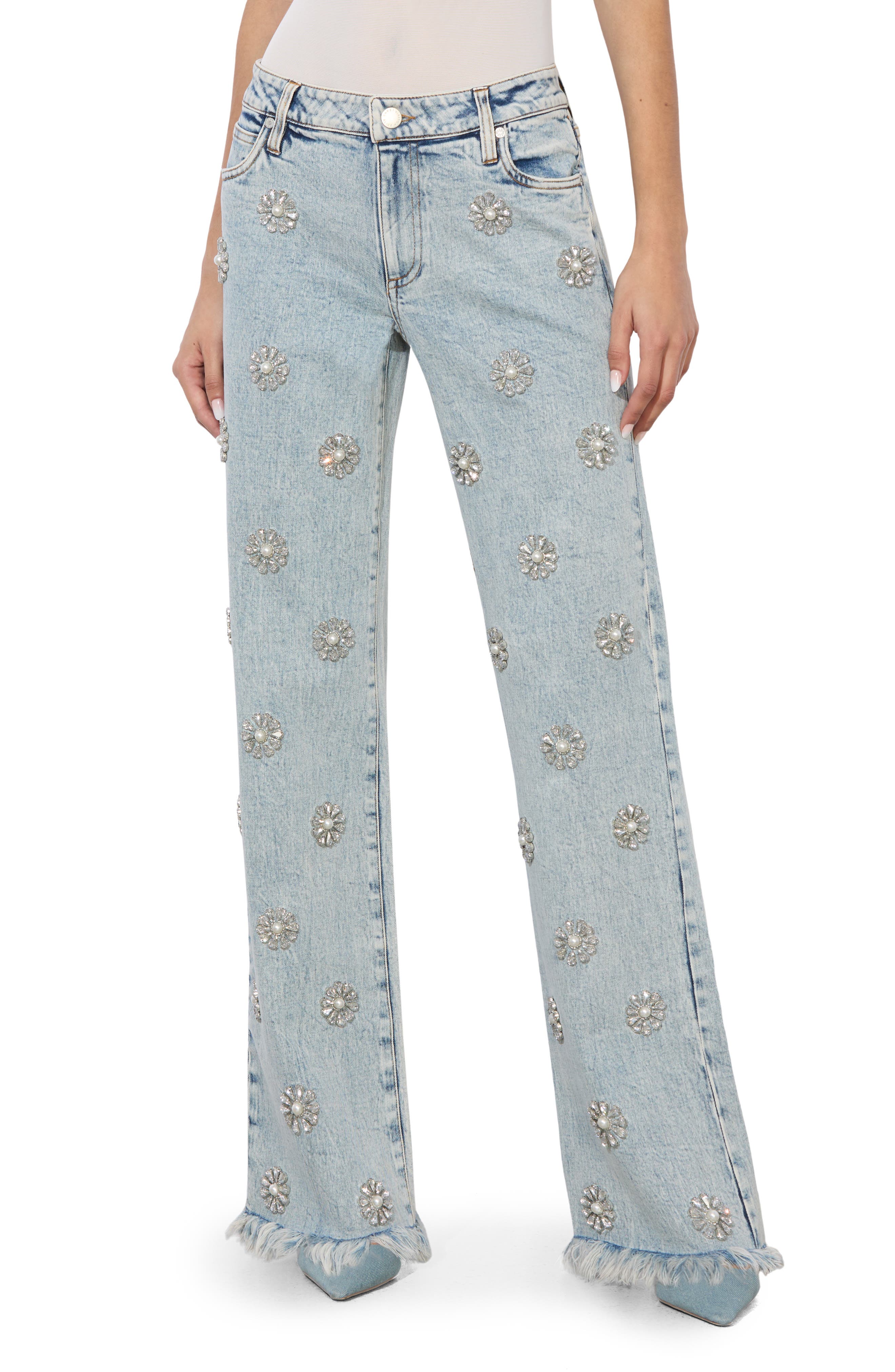 Alice + Olivia Roxie Floral Embellished Low Rise Flare Jeans