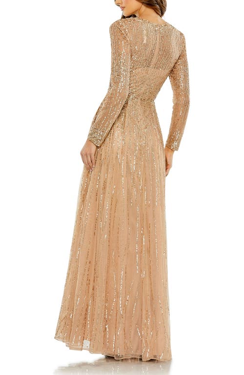 Mac Duggal Sequined Illusion High Neck Long Sleeve Gown In Latte
