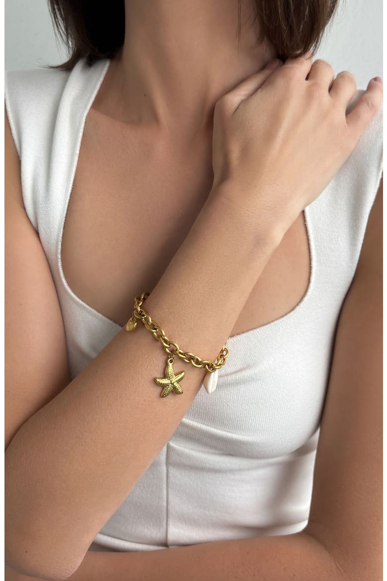 18K Gold Plated Starfish & Shell Charm Bracelet, Alternate, color, GOLD