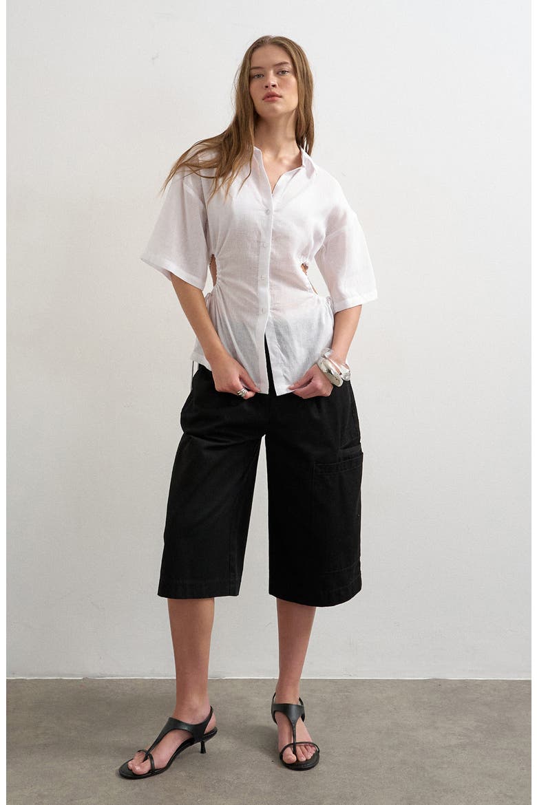Drawstring Cutout Button-Up Top, Alternate, color, WHITE
