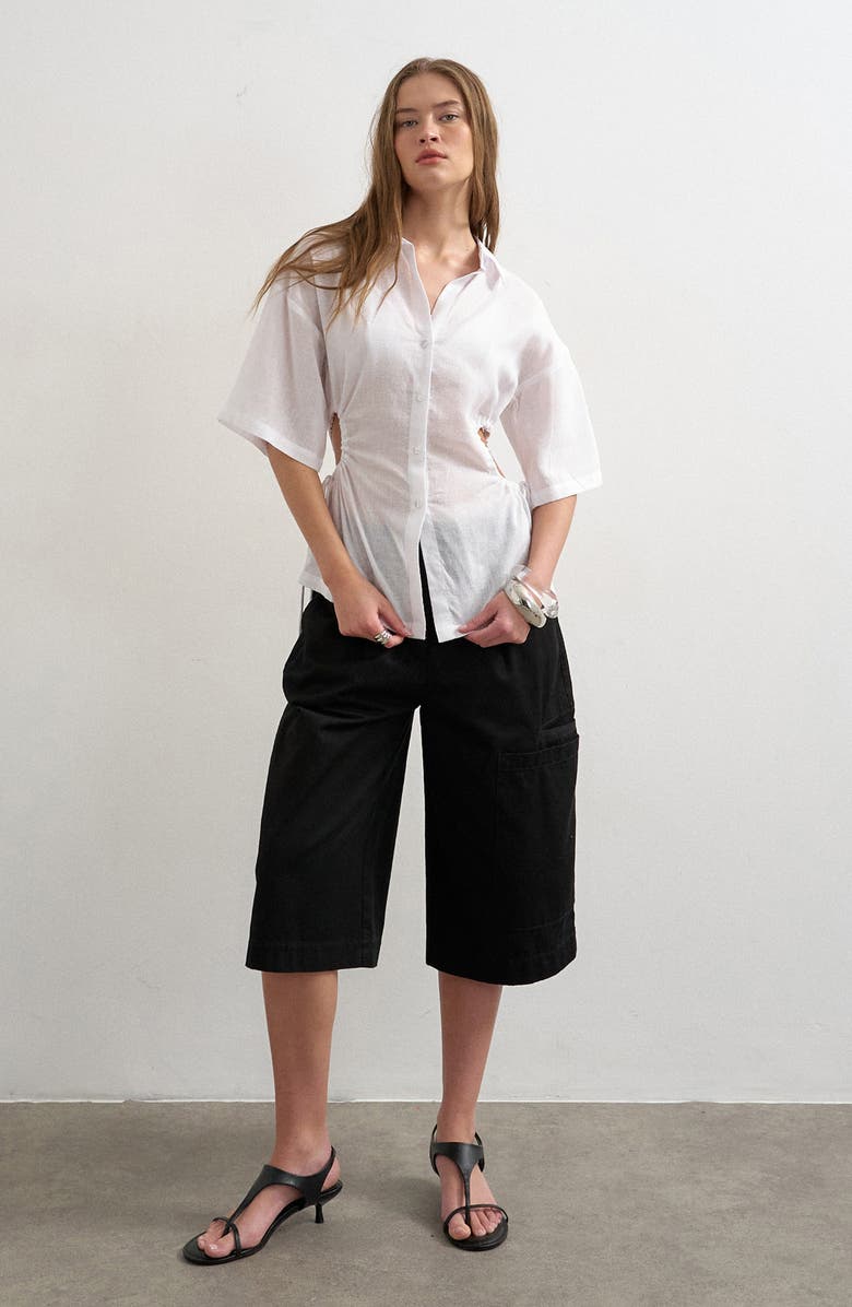 Topshop Drawstring Cutout Button-Up Top, Alternate, color, White