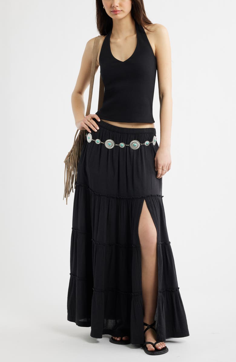 BP. Tiered Linen Blend Crinkled Gauze Maxi Skirt, Alternate, color, Black