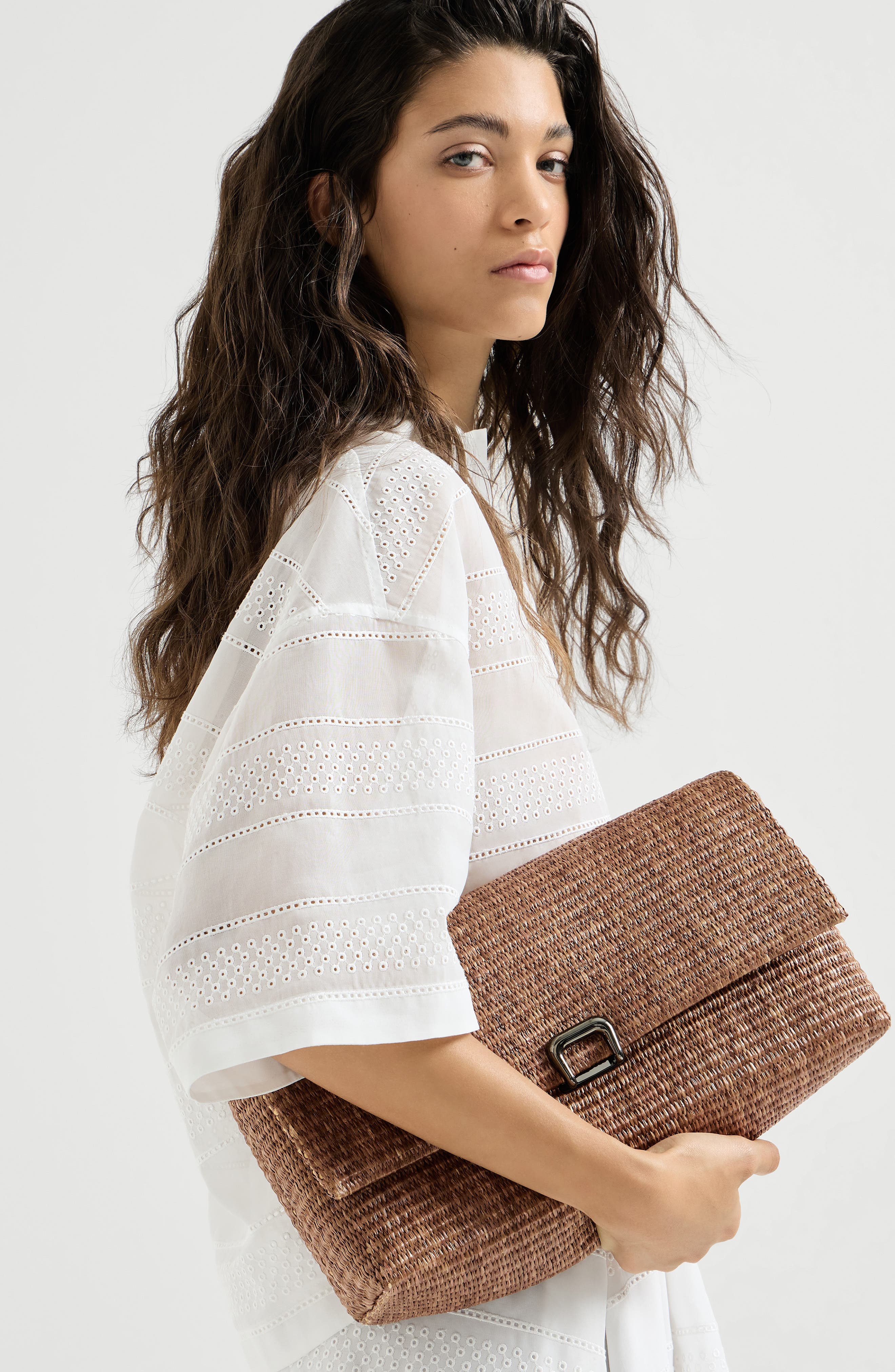 Brunello Cucinelli Raffia sartorial clutch bag, Alternate, color, Light Brown