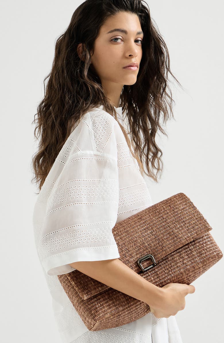 Brunello Cucinelli Raffia sartorial clutch bag, Alternate, color, Light Brown