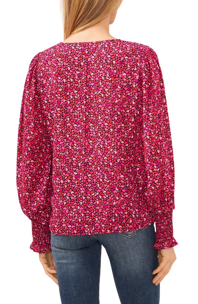 CeCe Heart Print Smocked Cuff V-Neck Top, Alternate, color,