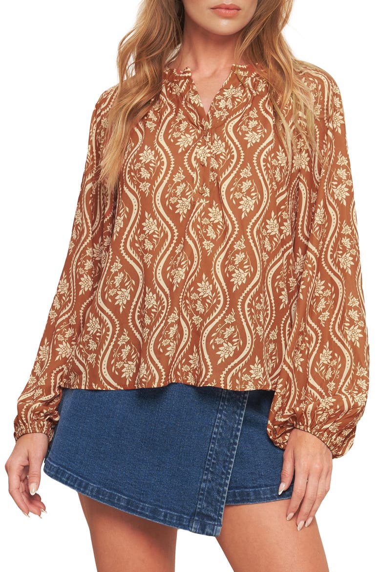 Floral Billow Sleeve Top, Main, color, BROWN/PEACH