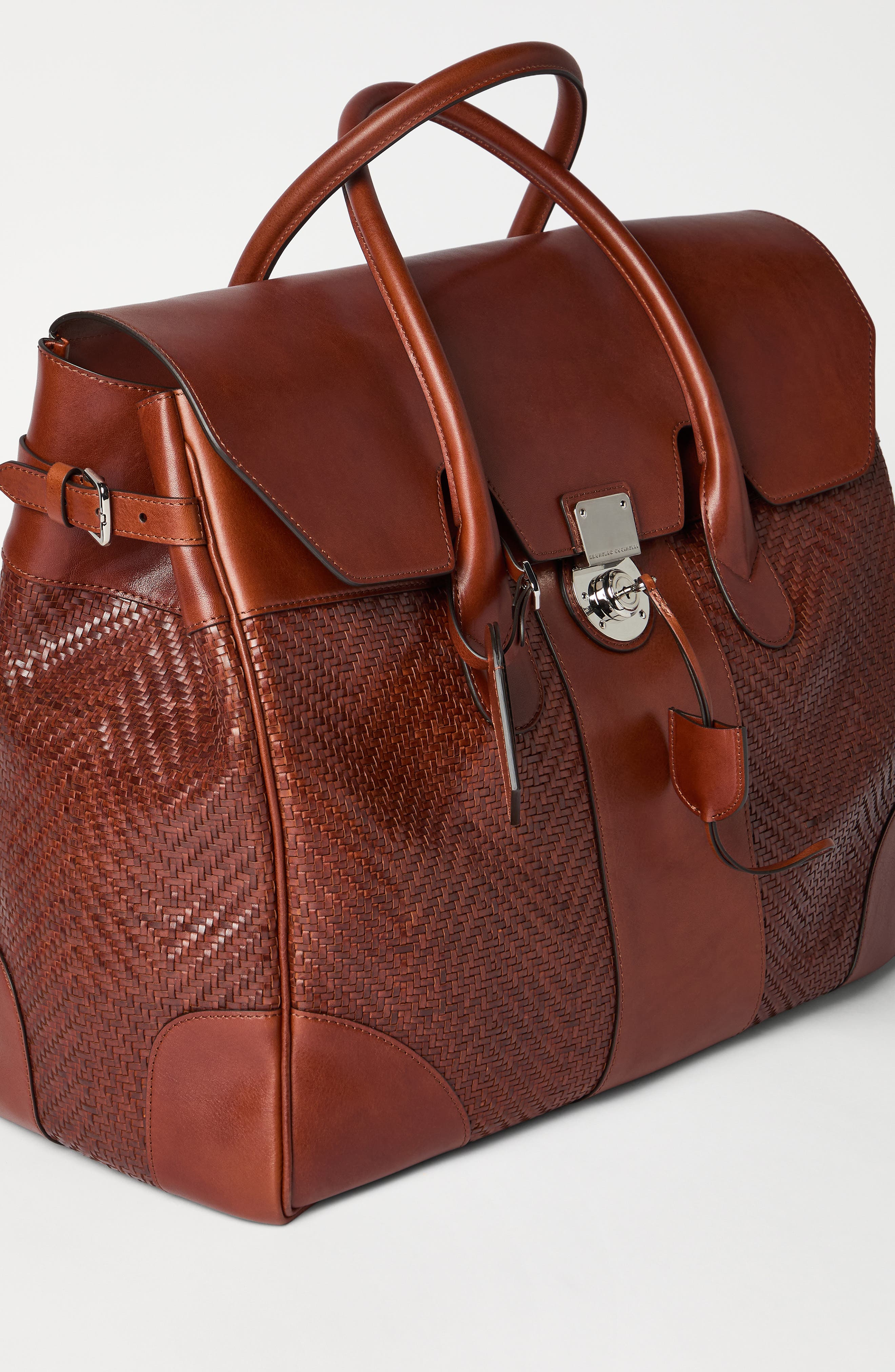 Brunello Cucinelli Leather and cowhide boston bag, Alternate, color, Cognac