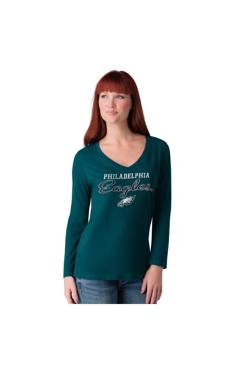 G-III 4HER BY CARL BANKS Women's G-III 4Her by Carl Banks Midnight Green Philadelphia Eagles Post Season Long Sleeve V-Neck T-Shirt, Main, color,