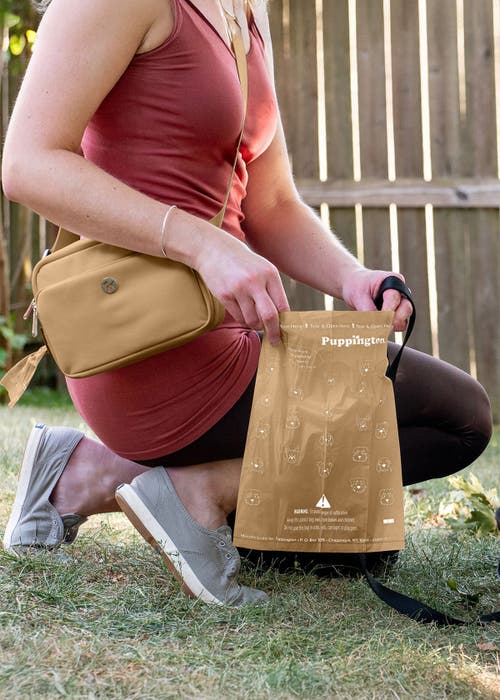 Puppington Walk Star Kit 3-in-1 Dog Walk Bag, Bowl, & Leash Plus Matching 90 Refill Dog Poop Bags In Brown