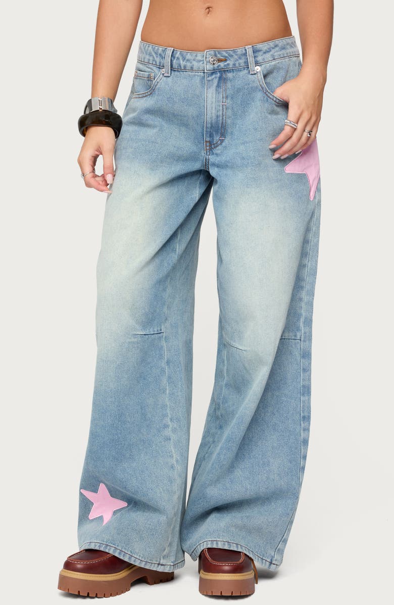 EDIKTED Trish Star Low Rise Wide Leg Jeans, Main, color, Light-Blue