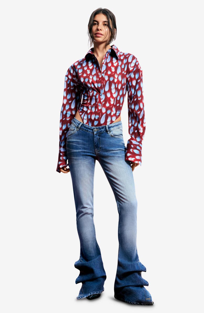 Desigual Feather Print Button-Up Bodysuit, Alternate, color, Burgundy/ Blue