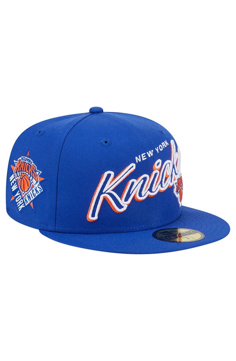 New Era Men's New Era Blue New York Knicks Sport Night Script Sided 59FIFTY Fitted Hat, Main, color, 