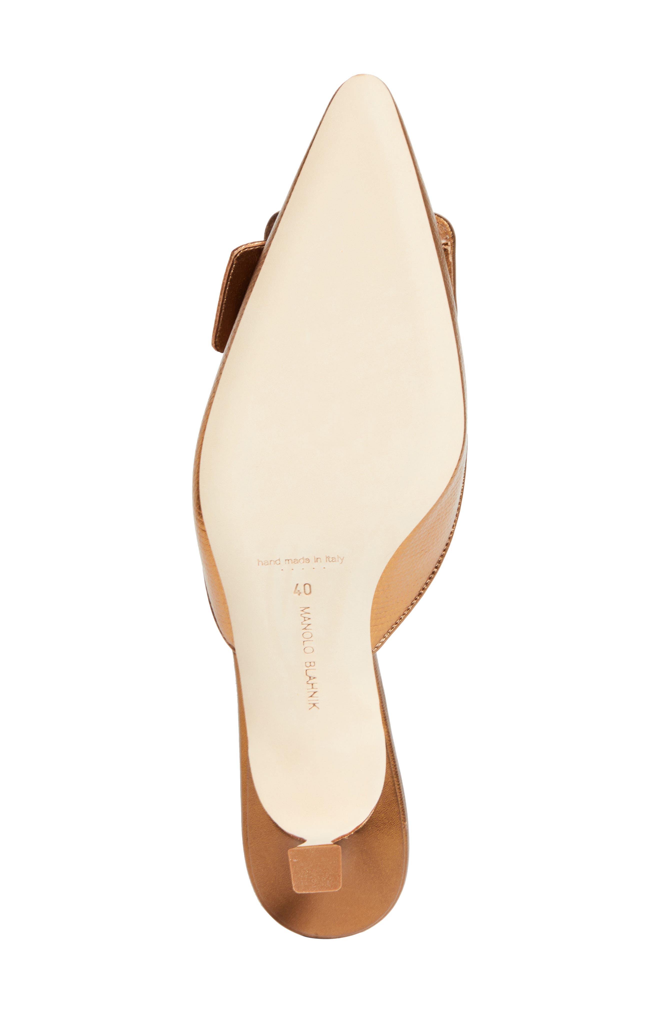 Manolo Blahnik Maysale Buckle Lizard Embossed Metallic Pointed Toe Kitten Heel Mule, Alternate, color, Bronze