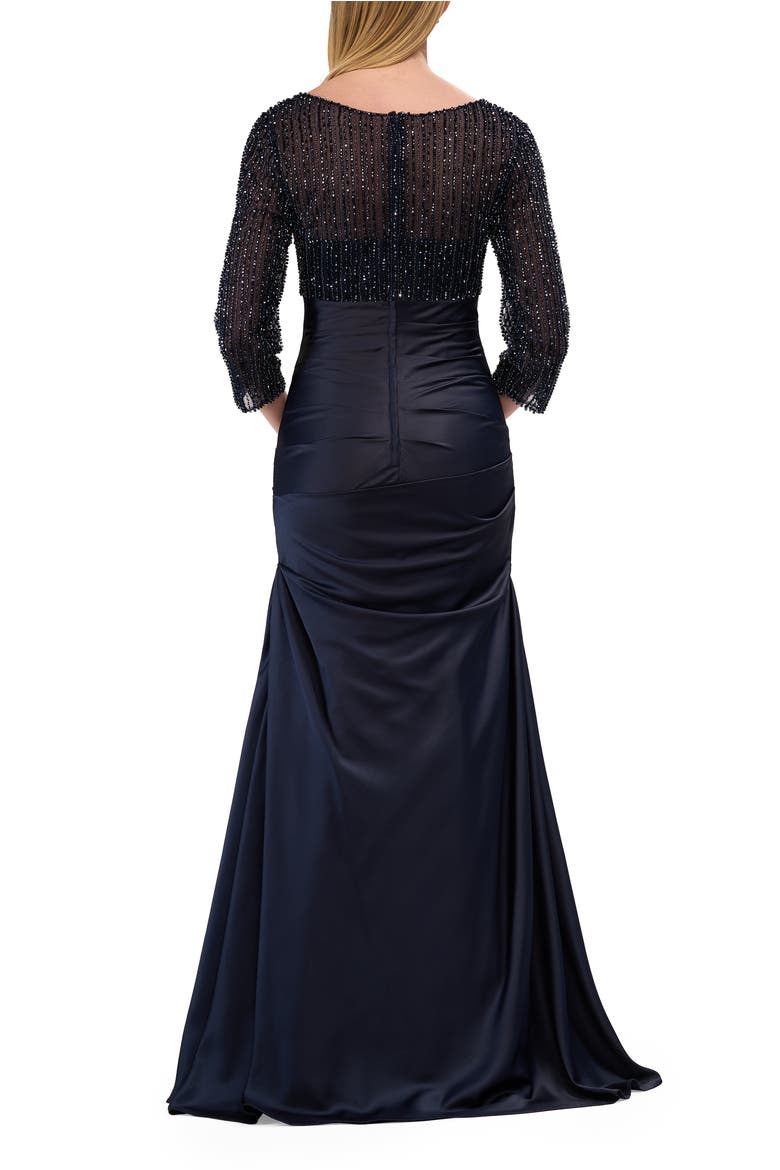 Beaded Bodice Satin Gown with Three-Quarter Sleeves, Alternate, color, Navy