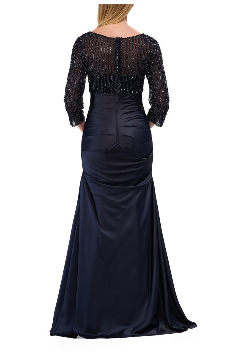 La Femme Beaded Bodice Satin Gown with Three-Quarter Sleeves, Alternate, color, Navy