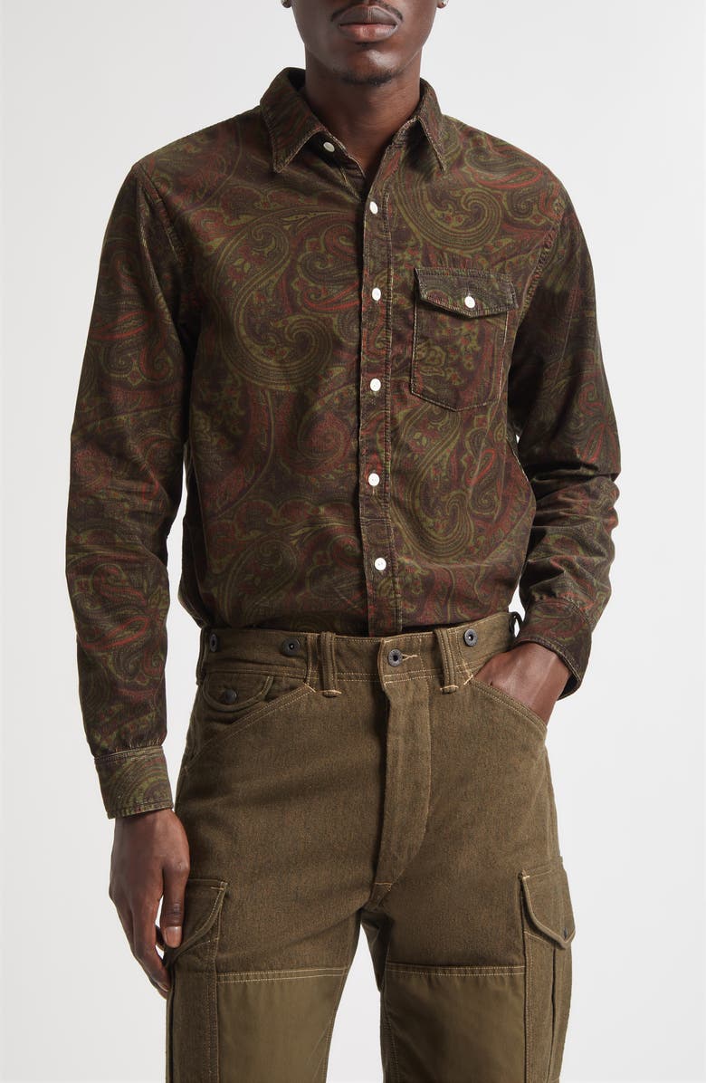 Double RL Paisley Print Cotton Corduroy Button-Up Work Shirt, Main, color, Brown Multi