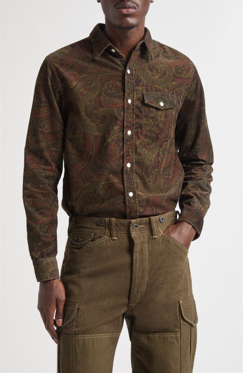 Paisley Print Cotton Corduroy Button-Up Work Shirt