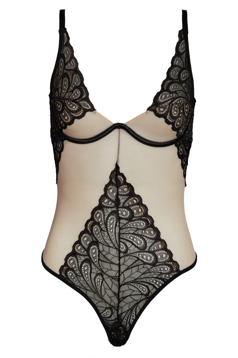 Lace Panel Undewire Teddy, Alternate, color, BLACK/ SAND