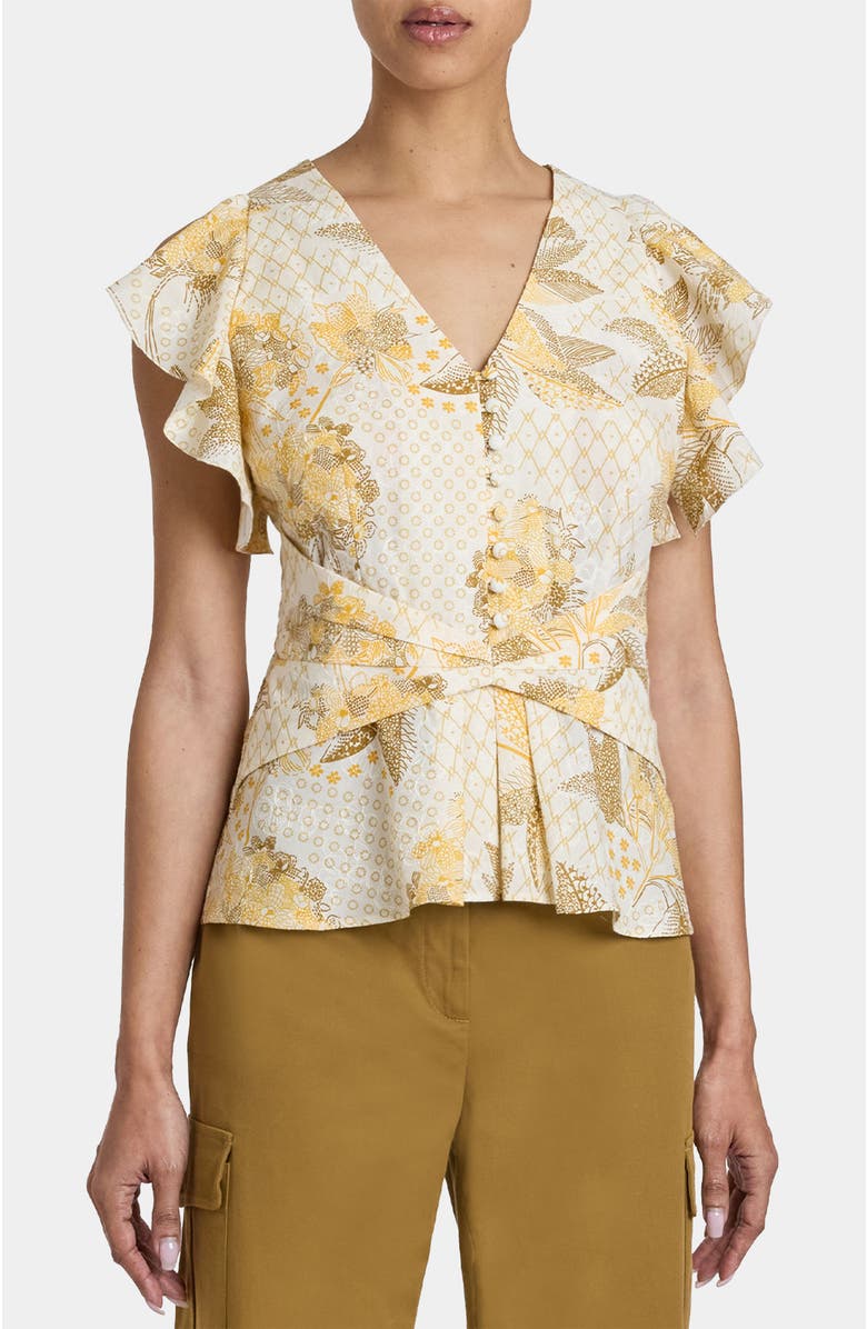 Santorelli ELLA Flutter Sleeve Buttoned Blouse with Waist Panel in Floral Printed Cotton Cloque, Main, color, Chamomile
