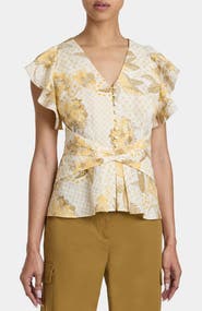 Santorelli ELLA Flutter Sleeve Buttoned Blouse with Waist Panel in Floral Printed Cotton Cloque