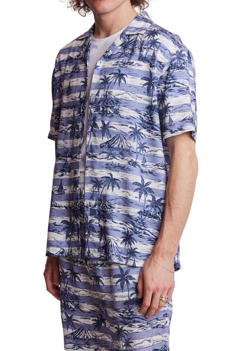 Island Print Camp Shirt, Alternate, color, INDIGO PALMS STRIPE