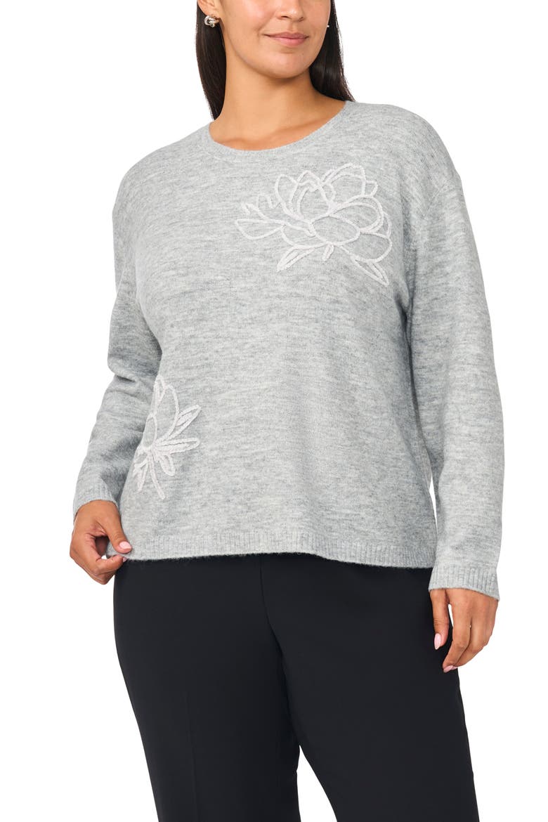 Floral Embroidered Sweater, Main, color, LIGHT HEATHER GREY
