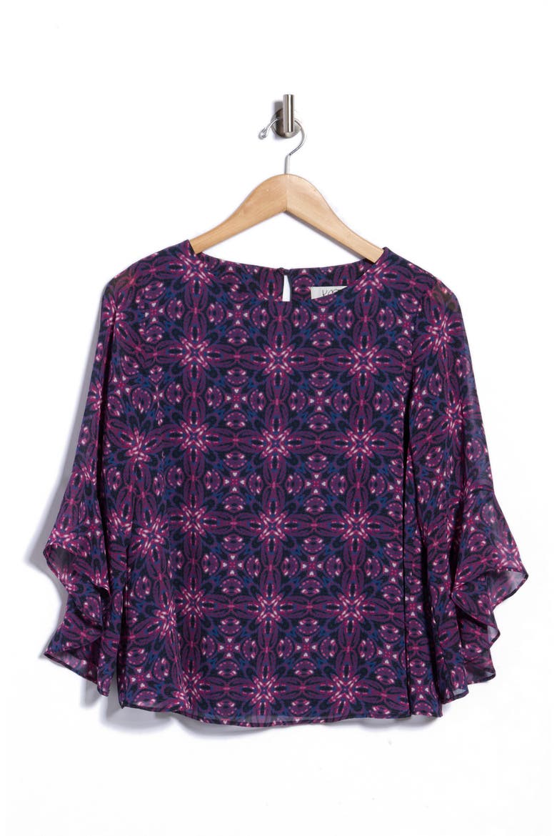 Ruffle Sleeve Print Top, Main, color, BLACK/ PURPLE MULTI