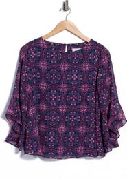 KASPER Ruffle Sleeve Print Top