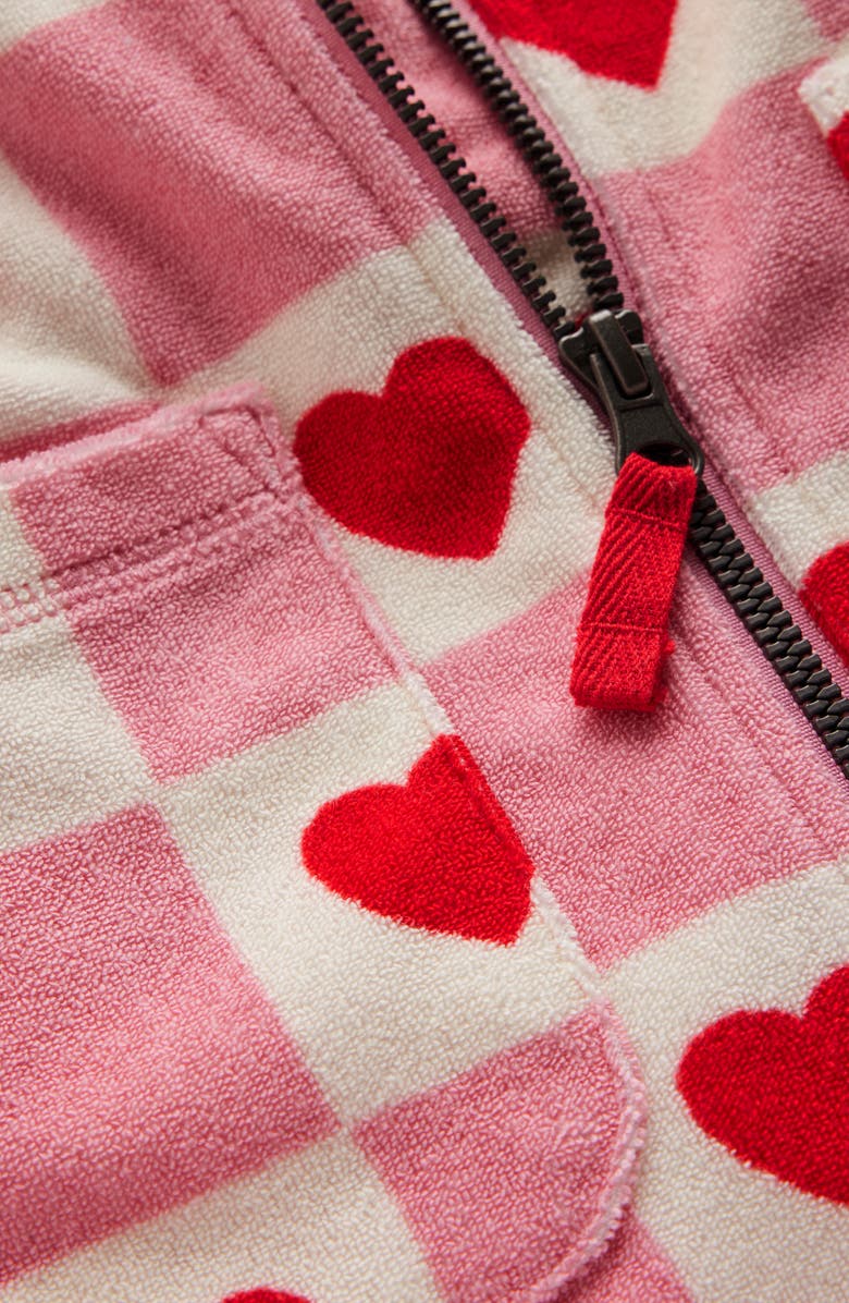 Mini Boden Kids' Heart Check Print Terry Hooded Cover-Up Dress, Alternate, color, Bubblegum Pink Heart Stamp